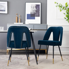 A&amp;A Furniture,Akoya Collection Modern | Contemporary Velvet Upholstered Dining Chair with Nailheads and Gold Tipped Black Metal Legs,Blue,Set of 2