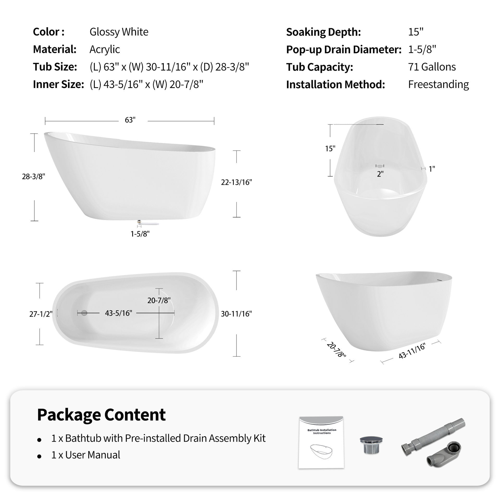 63" Acrylic Freestanding Bathtub, Stylish Deep Soaking Bathtub with Pop-up Drain & Integrated Overflow, Contemporary Stand Alone Bath Tub for Bathroom Spa or Home Upgrade, Glossy White TH-26A04-63