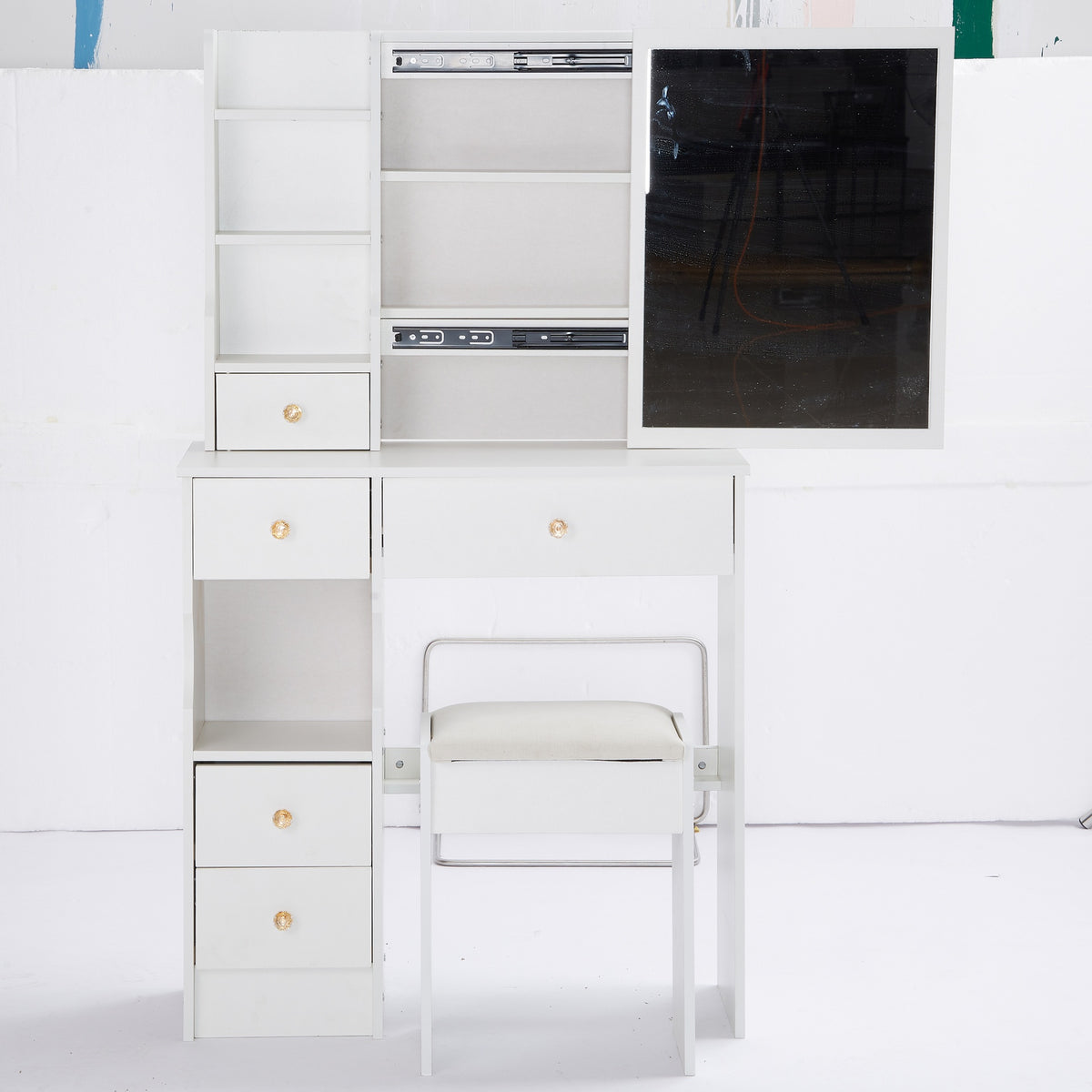 29.2 inch  Small Space Left Drawer Desktop Vanity Table + Cushioned Stool, Extra Large Right sliding mirror, Multi Layer High Capacity Storage, Practical Fashionable Dresser, Suitable For Small Space