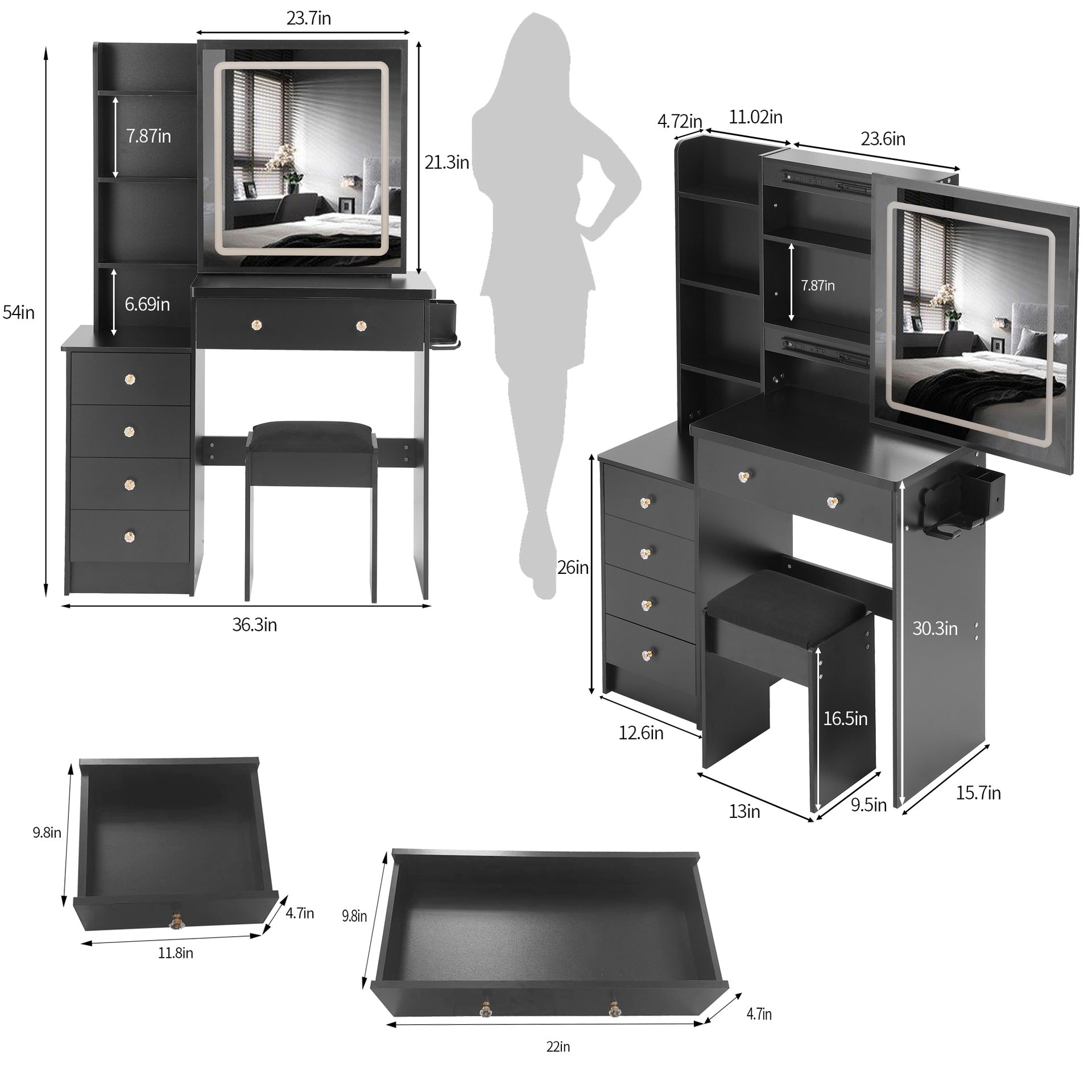 37 inch  Middle Size Left Bedside Cabinet Vanity Table + Cushioned Stool Dresser Set, 2 AC+2 USB Socket, Hair Dryer Stand, Large Touch Control LED Sliding Mirror, 3-color Switch, EPA, GCC, UL Certificate