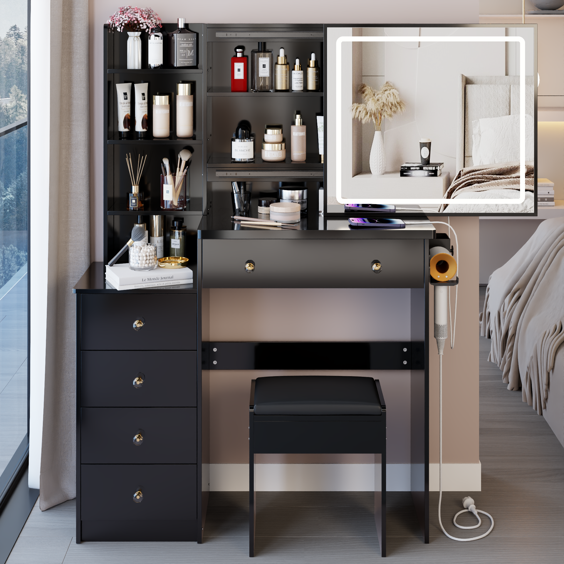 37 inch  Middle Size Left Bedside Cabinet Vanity Table + Cushioned Stool Dresser Set, 2 AC+2 USB Socket, Hair Dryer Stand, Large Touch Control LED Sliding Mirror, 3-color Switch, EPA, GCC, UL Certificate