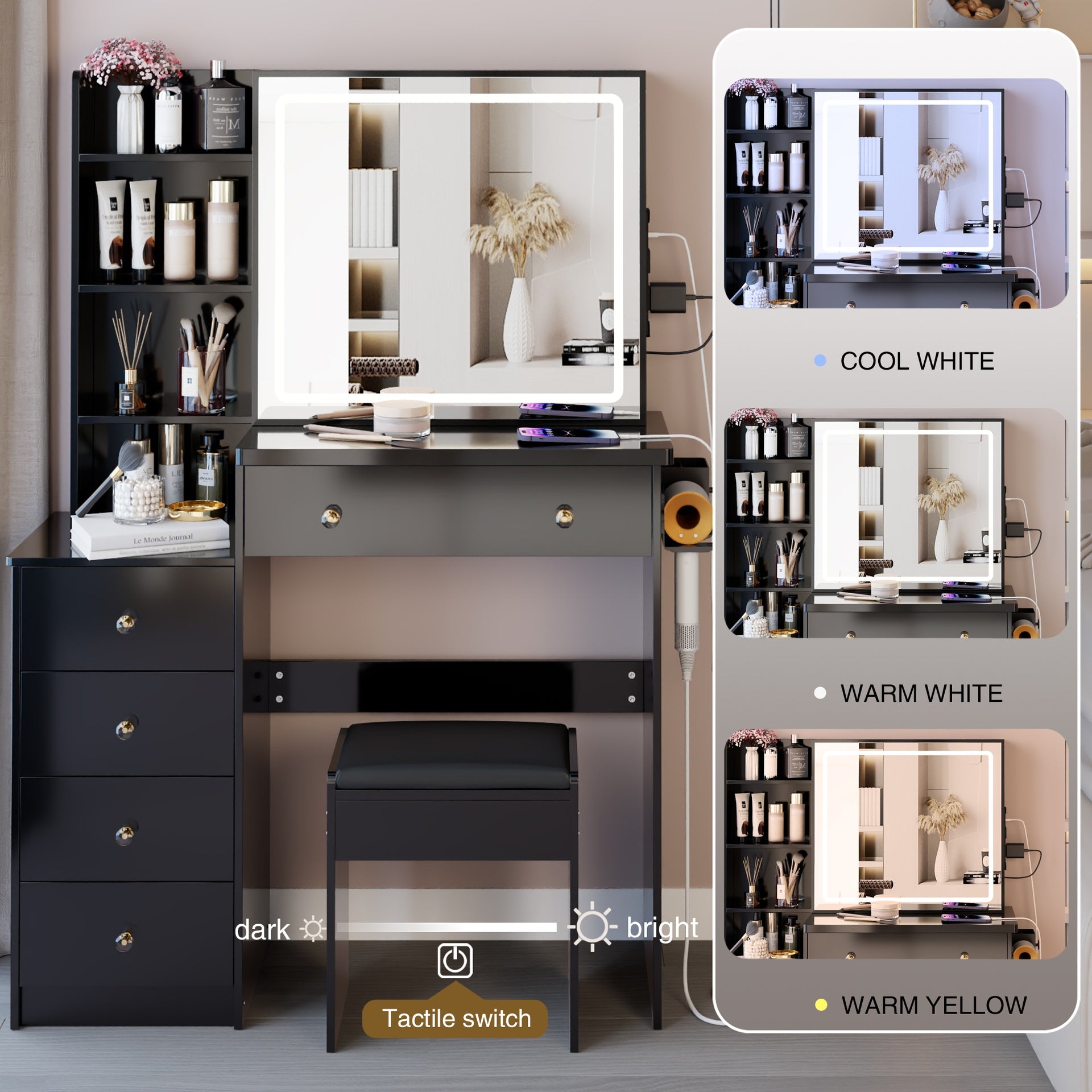 37 inch  Middle Size Left Bedside Cabinet Vanity Table + Cushioned Stool Dresser Set, 2 AC+2 USB Socket, Hair Dryer Stand, Large Touch Control LED Sliding Mirror, 3-color Switch, EPA, GCC, UL Certificate