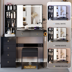 37 inch  Middle Size Left Bedside Cabinet Vanity Table + Cushioned Stool Dresser Set, 2 AC+2 USB Socket, Hair Dryer Stand, Large Touch Control LED Sliding Mirror, 3-color Switch, EPA, GCC, UL Certificate