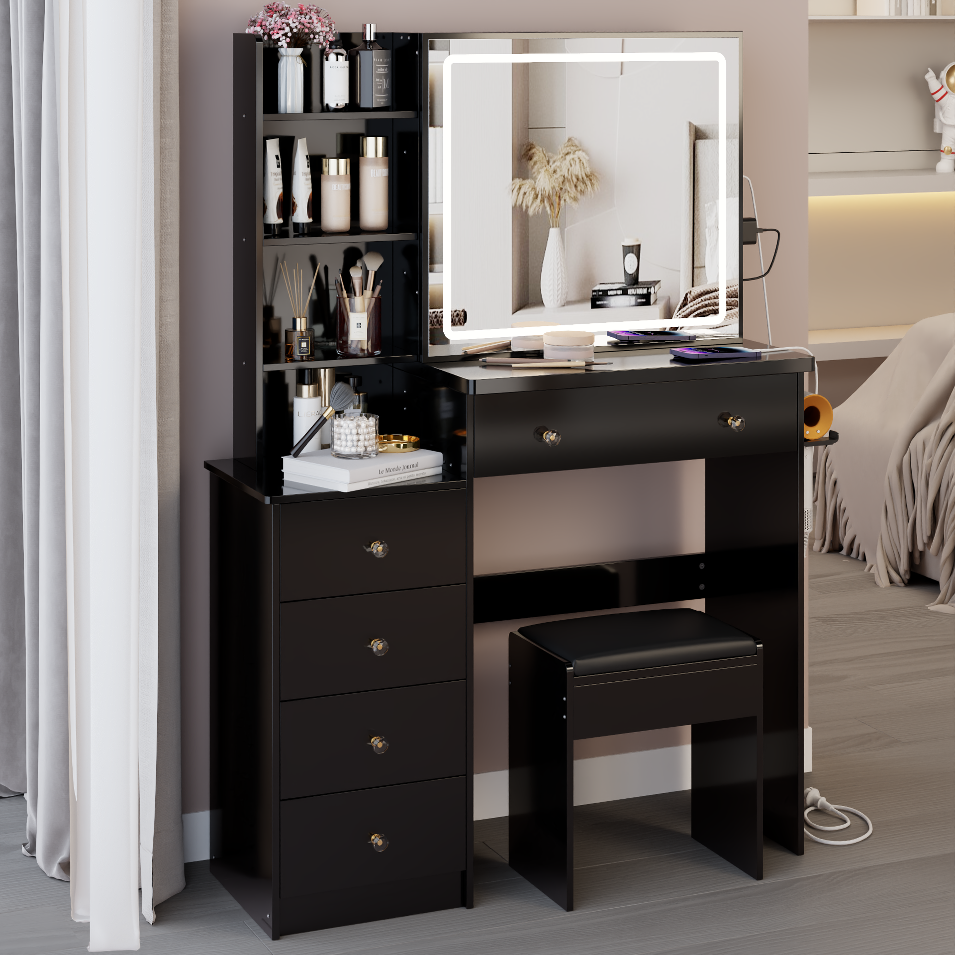 37 inch  Middle Size Left Bedside Cabinet Vanity Table + Cushioned Stool Dresser Set, 2 AC+2 USB Socket, Hair Dryer Stand, Large Touch Control LED Sliding Mirror, 3-color Switch, EPA, GCC, UL Certificate