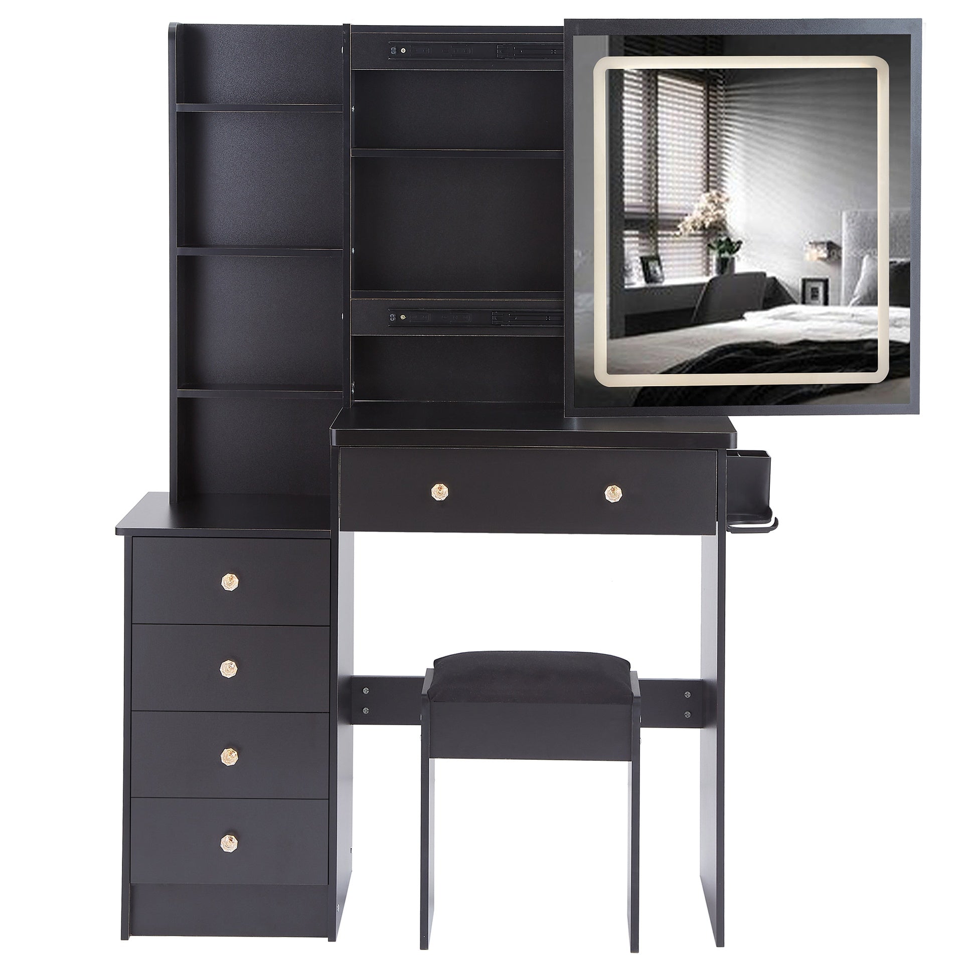 37 inch  Middle Size Left Bedside Cabinet Vanity Table + Cushioned Stool Dresser Set, 2 AC+2 USB Socket, Hair Dryer Stand, Large Touch Control LED Sliding Mirror, 3-color Switch, EPA, GCC, UL Certificate