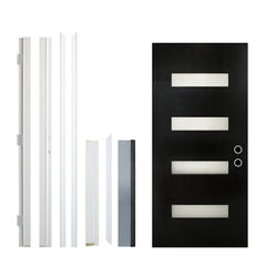 36 x 80 Fiberglass Entry Door with Brickmould, Frosted Glass - Contemporary Style for Home's Front Entrance, Left Hand Inswing, Black Finished Knock-Down Fiberglass Door with 6-9/16 White Vinyl Frame