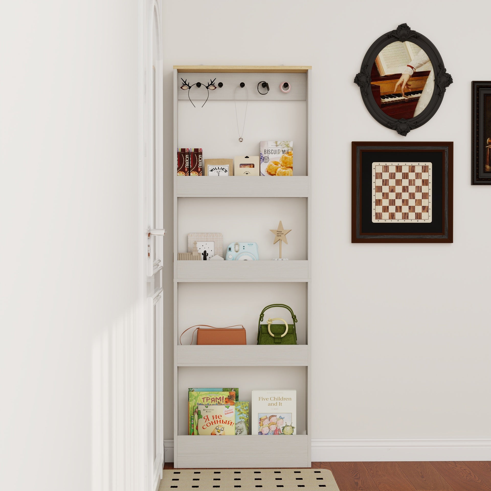 Behind The Door 69" Tall Bookcase with 4 Shelves and 5 hooks,  Space-Saving Narrow storage cabinet for Living Room, Children's Room, Study Room, Kitchen, Corridor-Antique White
