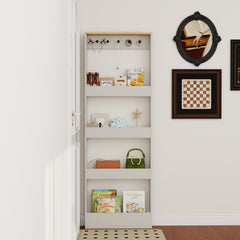 Behind The Door 69" Tall Bookcase with 4 Shelves and 5 hooks,  Space-Saving Narrow storage cabinet for Living Room, Children's Room, Study Room, Kitchen, Corridor-Antique White