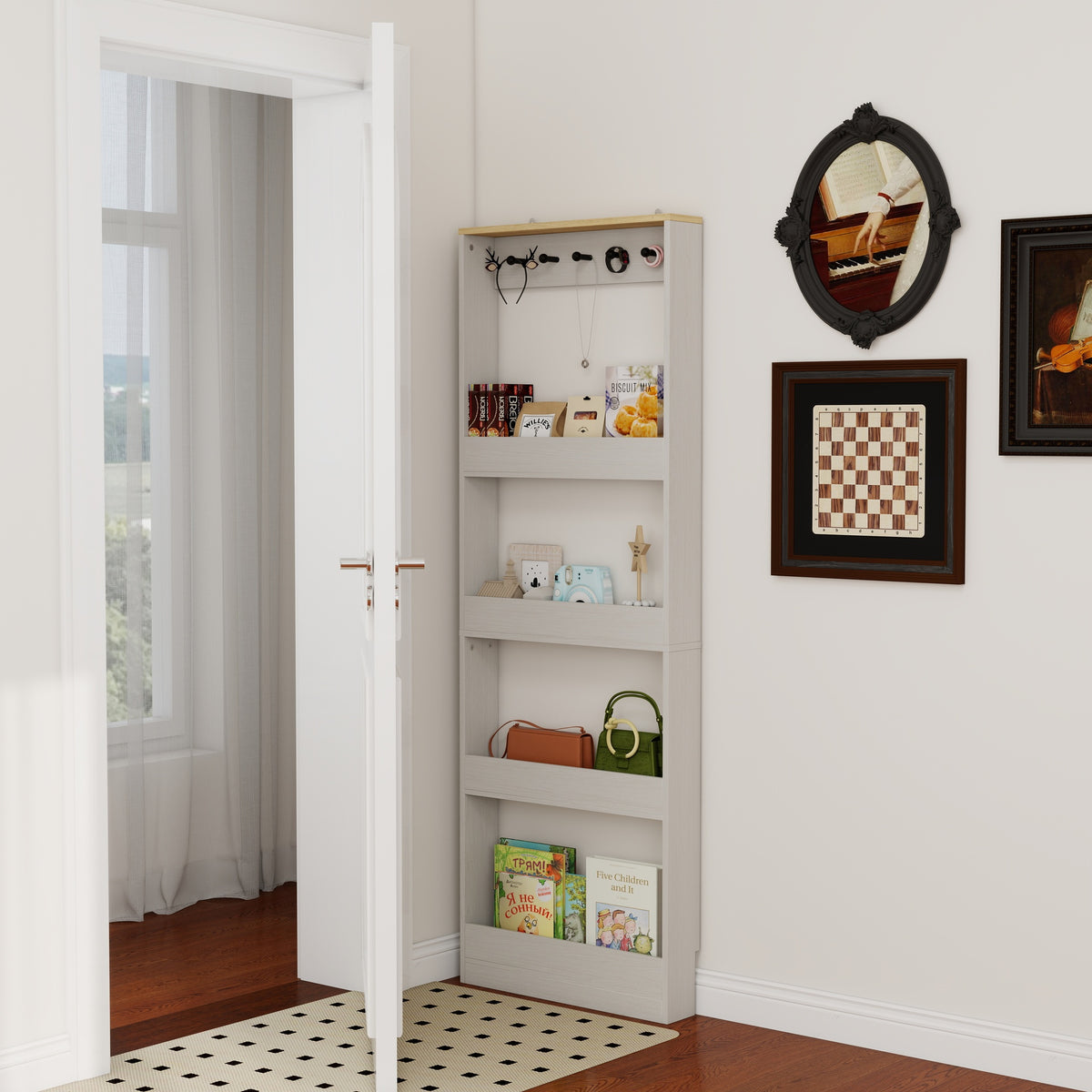Behind The Door 69" Tall Bookcase with 4 Shelves and 5 hooks,  Space-Saving Narrow storage cabinet for Living Room, Children's Room, Study Room, Kitchen, Corridor-Antique White