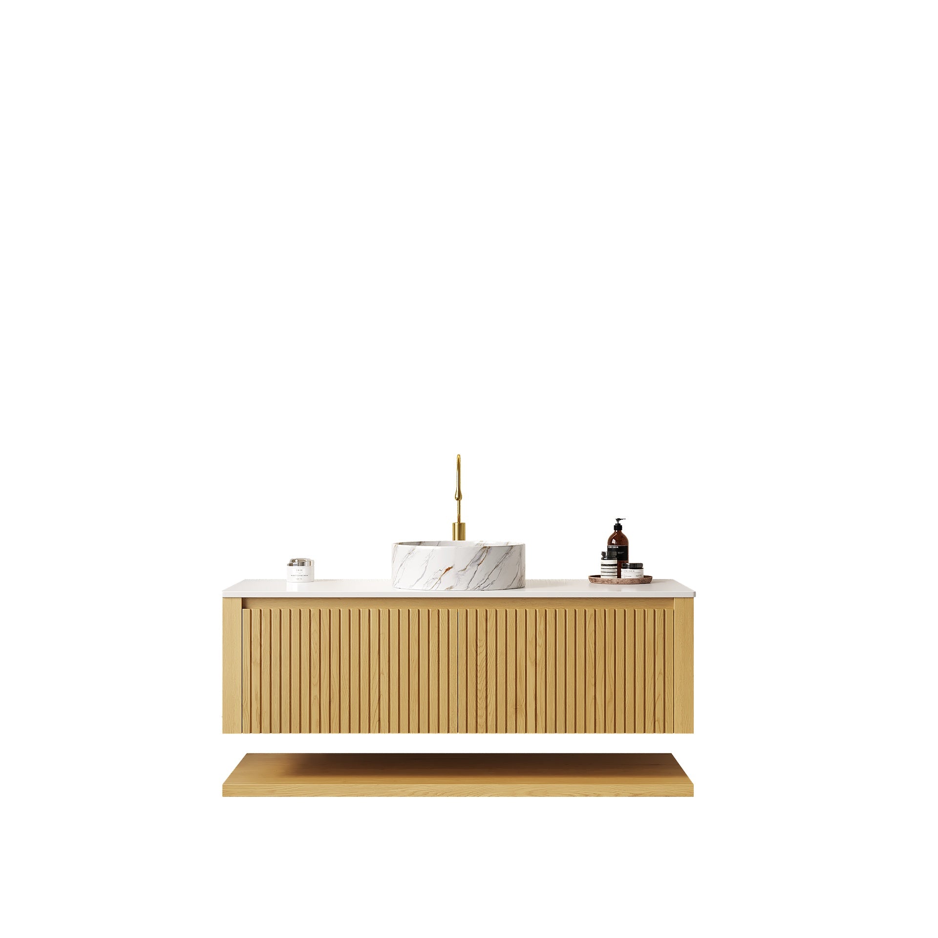 HIZON 48" Bathroom Vanity&Sink, Wall-Mounted Plywood Bathroom Storage Cabinet with Drawers&Open Shelf, Sintered Stone Countertop&Ceramic Basin, Pre-assembled, Corolla Oak Woodgrain (New SKU)