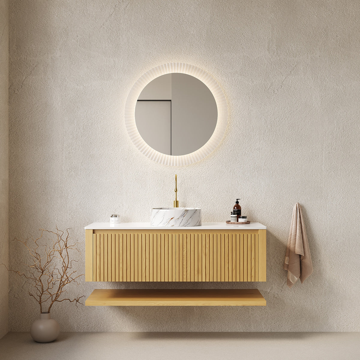 HIZON 48" Bathroom Vanity&Sink, Wall-Mounted Plywood Bathroom Storage Cabinet with Drawers&Open Shelf, Sintered Stone Countertop&Ceramic Basin, Pre-assembled, Corolla Oak Woodgrain (New SKU)