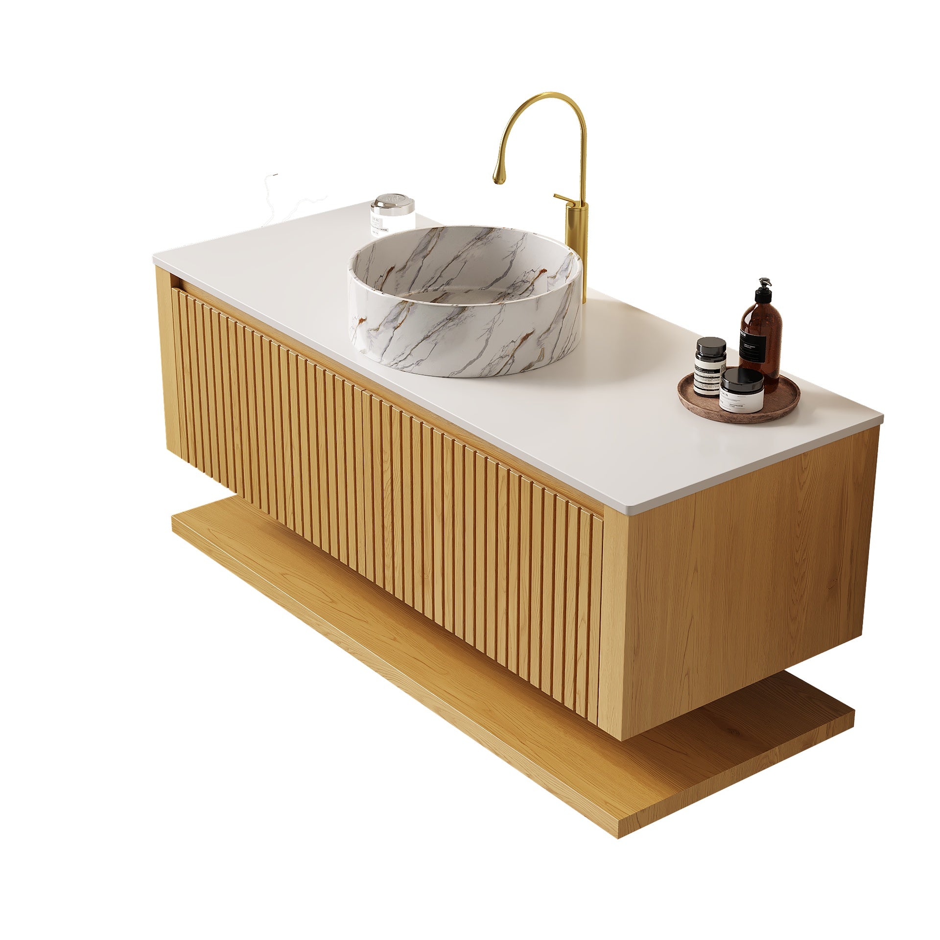 HIZON 48" Bathroom Vanity&Sink, Wall-Mounted Plywood Bathroom Storage Cabinet with Drawers&Open Shelf, Sintered Stone Countertop&Ceramic Basin, Pre-assembled, Corolla Oak Woodgrain (New SKU)