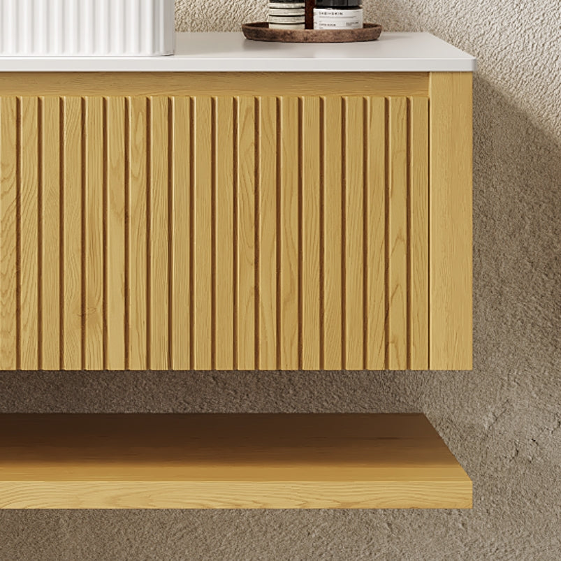 HIZON 48" Wall-Mounted Corolla Oak Woodgrain Plywood Bathroom Storage Cabinet with Drawer and Shelf, White Sintered Stone Countertop, NO Basin, NO Faucet and Sink Cover