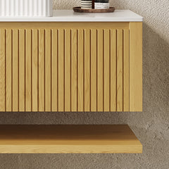 HIZON 48" Wall-Mounted Corolla Oak Woodgrain Plywood Bathroom Storage Cabinet with Drawer and Shelf, White Sintered Stone Countertop, NO Basin, NO Faucet and Sink Cover