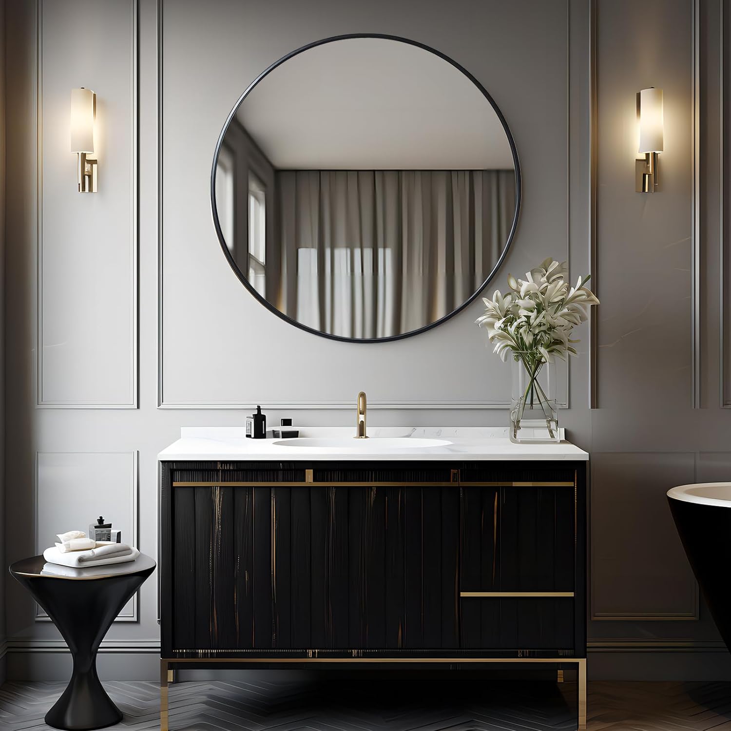 42 Inch Black Metal Framed Round Bathrrom Mirror for Wall.(W2203P156441)