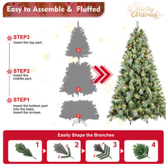 7FT Christmas Tree with 400 Warm White LED Lights – 1348 PVC & Hard Needle Tips, 82 Pine Cones, Hinged Branch Design, Sturdy Metal Stand – Full Realistic Holiday Tree