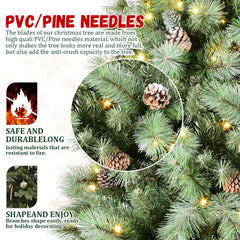 7FT Christmas Tree with 400 Warm White LED Lights – 1348 PVC & Hard Needle Tips, 82 Pine Cones, Hinged Branch Design, Sturdy Metal Stand – Full Realistic Holiday Tree
