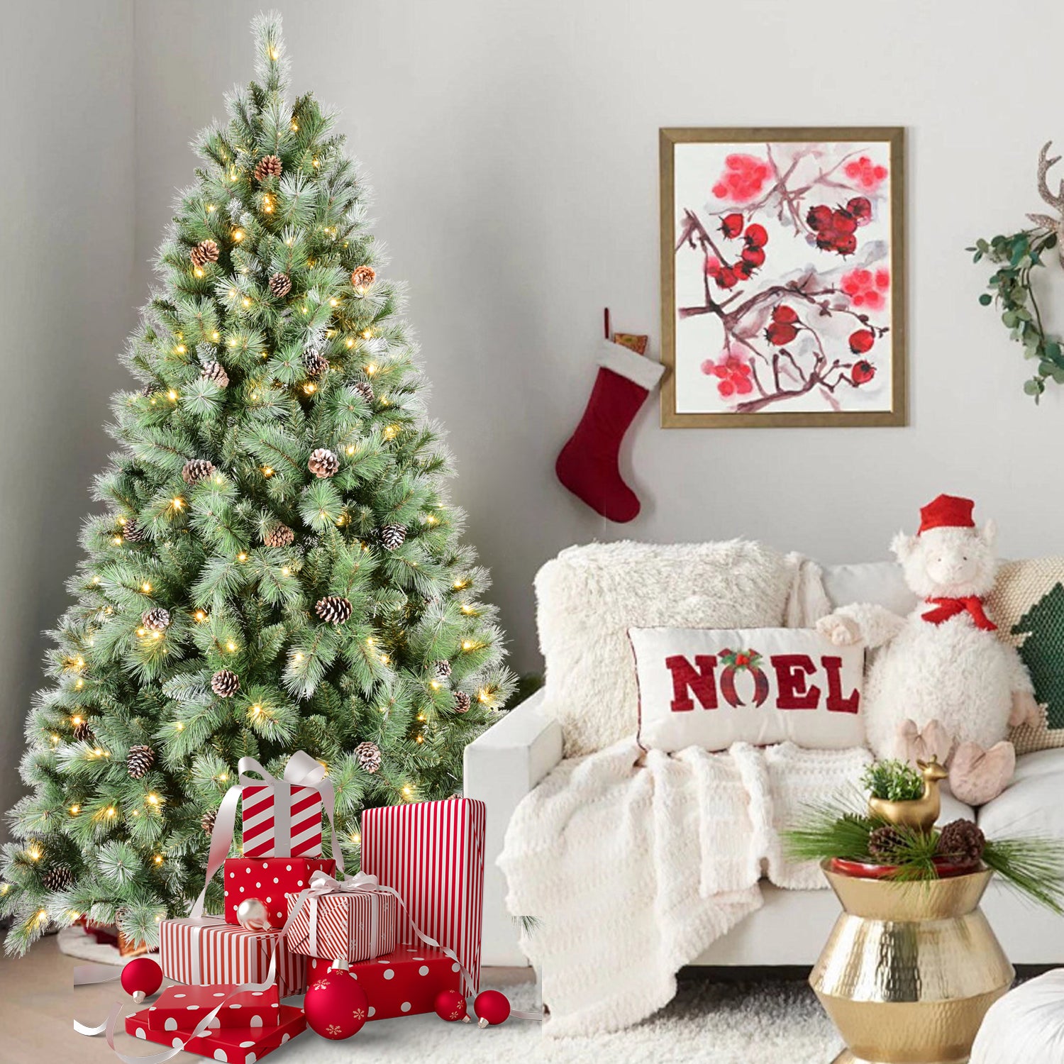 7FT Christmas Tree with 400 Warm White LED Lights – 1348 PVC & Hard Needle Tips, 82 Pine Cones, Hinged Branch Design, Sturdy Metal Stand – Full Realistic Holiday Tree