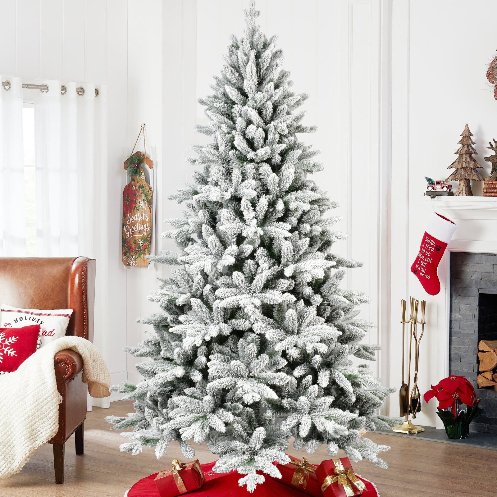 7ft Flocked Christmas Tree with 1514 Tips, Realistic PE+PVC Snowy Hinged Tree with Metal Stand, Full Artificial Xmas Tree for  Holiday Decoration
