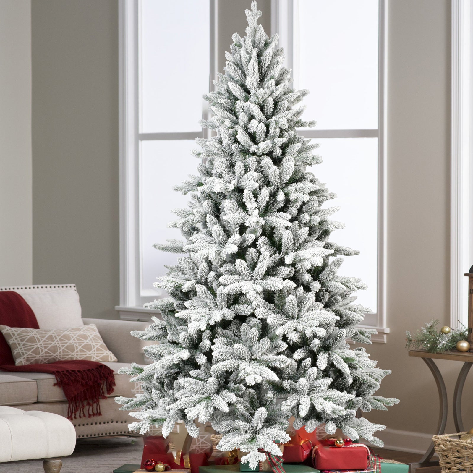 7ft Flocked Christmas Tree with 1514 Tips, Realistic PE+PVC Snowy Hinged Tree with Metal Stand, Full Artificial Xmas Tree for  Holiday Decoration