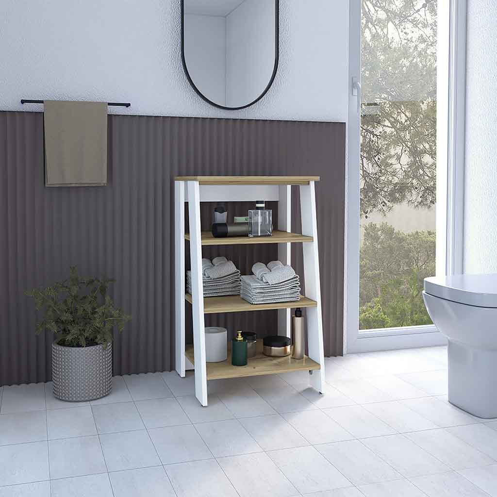 Linen Cabinet Jenne, Four Open Shelves, Light Oak / White Finish