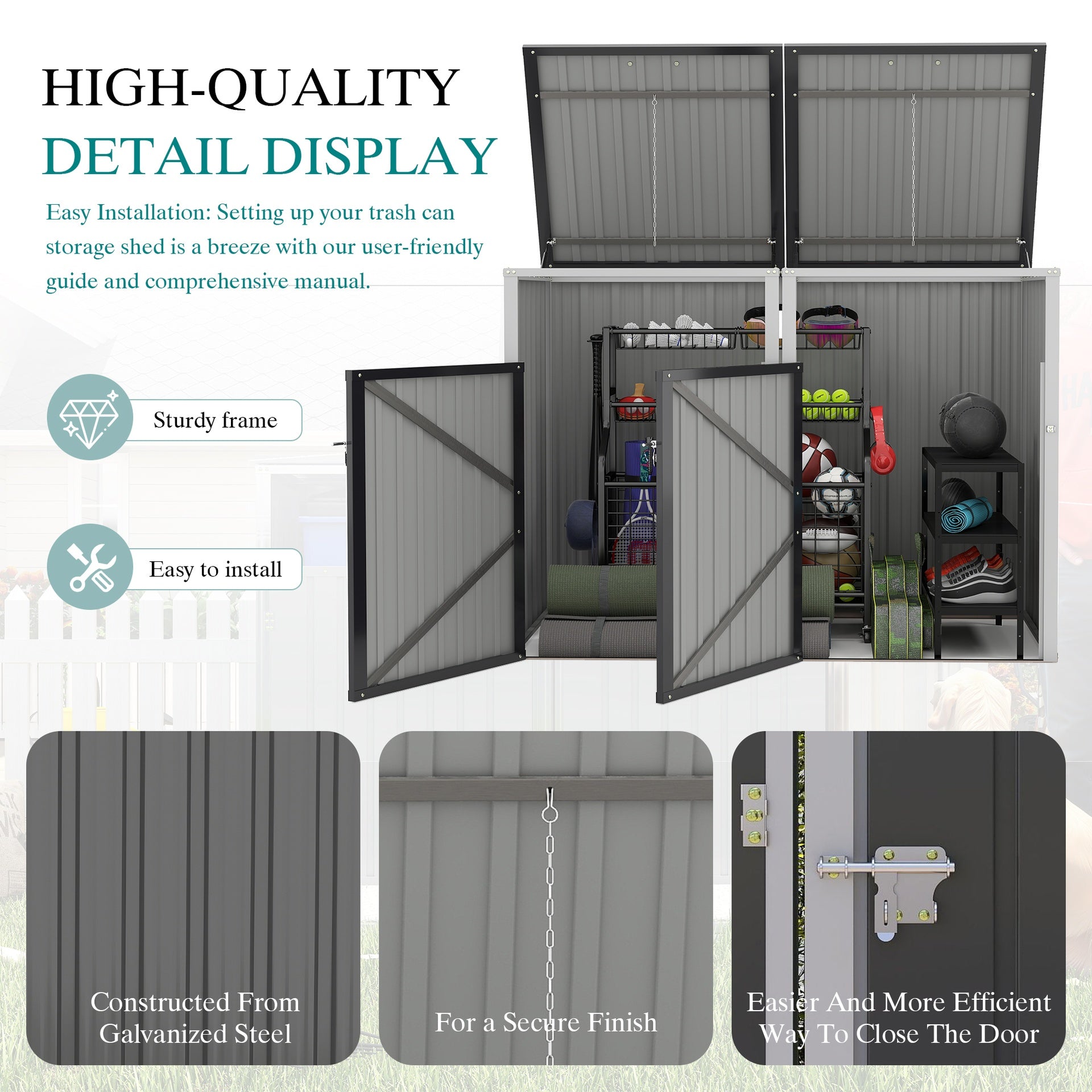Garbage Bin Shed Stores 2 Trash Cans Metal Outdoor Bin Shed for Garbage Storage,54 cubic feet of space,Stainless Galvanized Steel, Bin Shed for Garden Yard Lawn,Grey