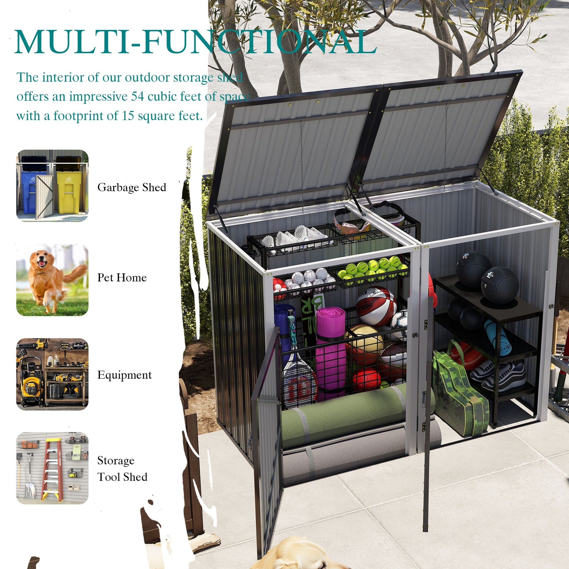 Garbage Bin Shed Stores 2 Trash Cans Metal Outdoor Bin Shed for Garbage Storage,54 cubic feet of space,Stainless Galvanized Steel, Bin Shed for Garden Yard Lawn,Grey