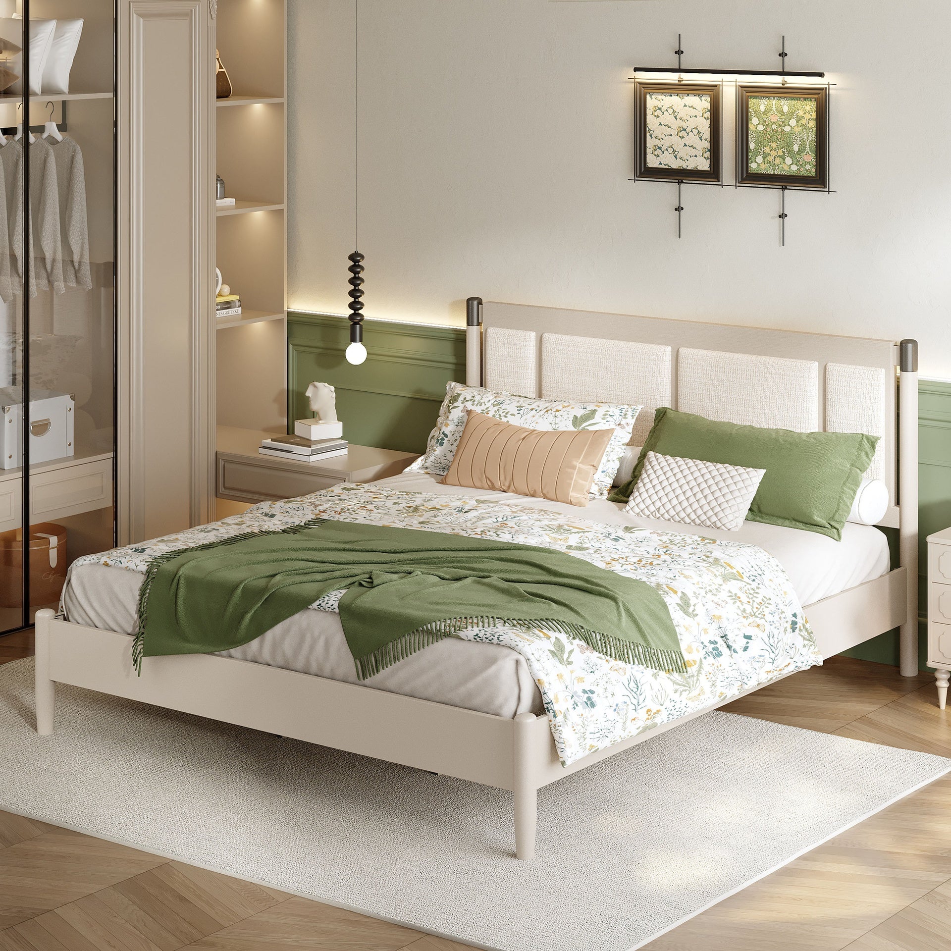 Solid Wood King Bed, Heavy Duty 600 lbs Support, No Box Spring Needed, Grey Upholstered Headboard with Metal Handles