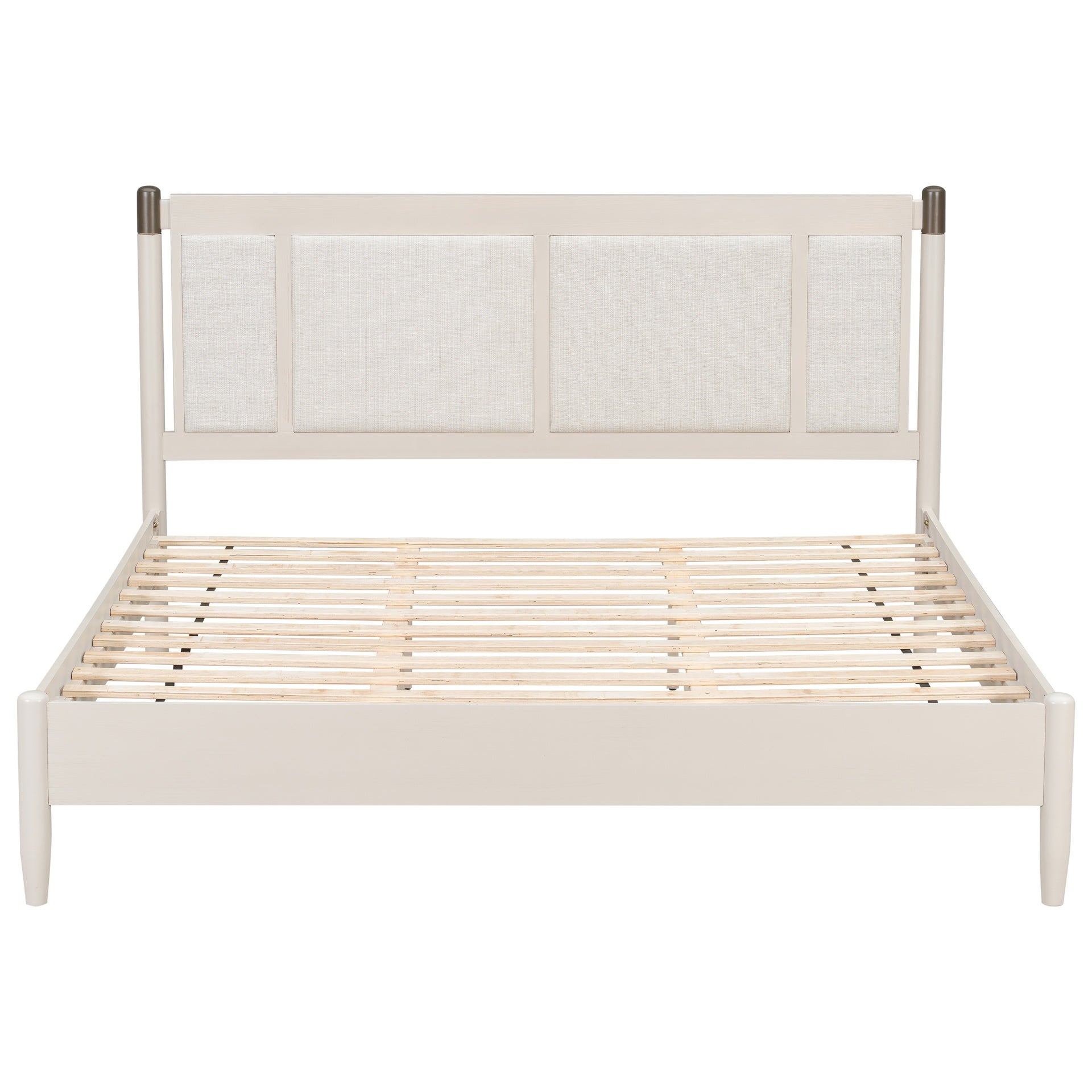Solid Wood King Bed, Heavy Duty 600 lbs Support, No Box Spring Needed, Grey Upholstered Headboard with Metal Handles