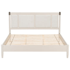 Solid Wood King Bed, Heavy Duty 600 lbs Support, No Box Spring Needed, Grey Upholstered Headboard with Metal Handles