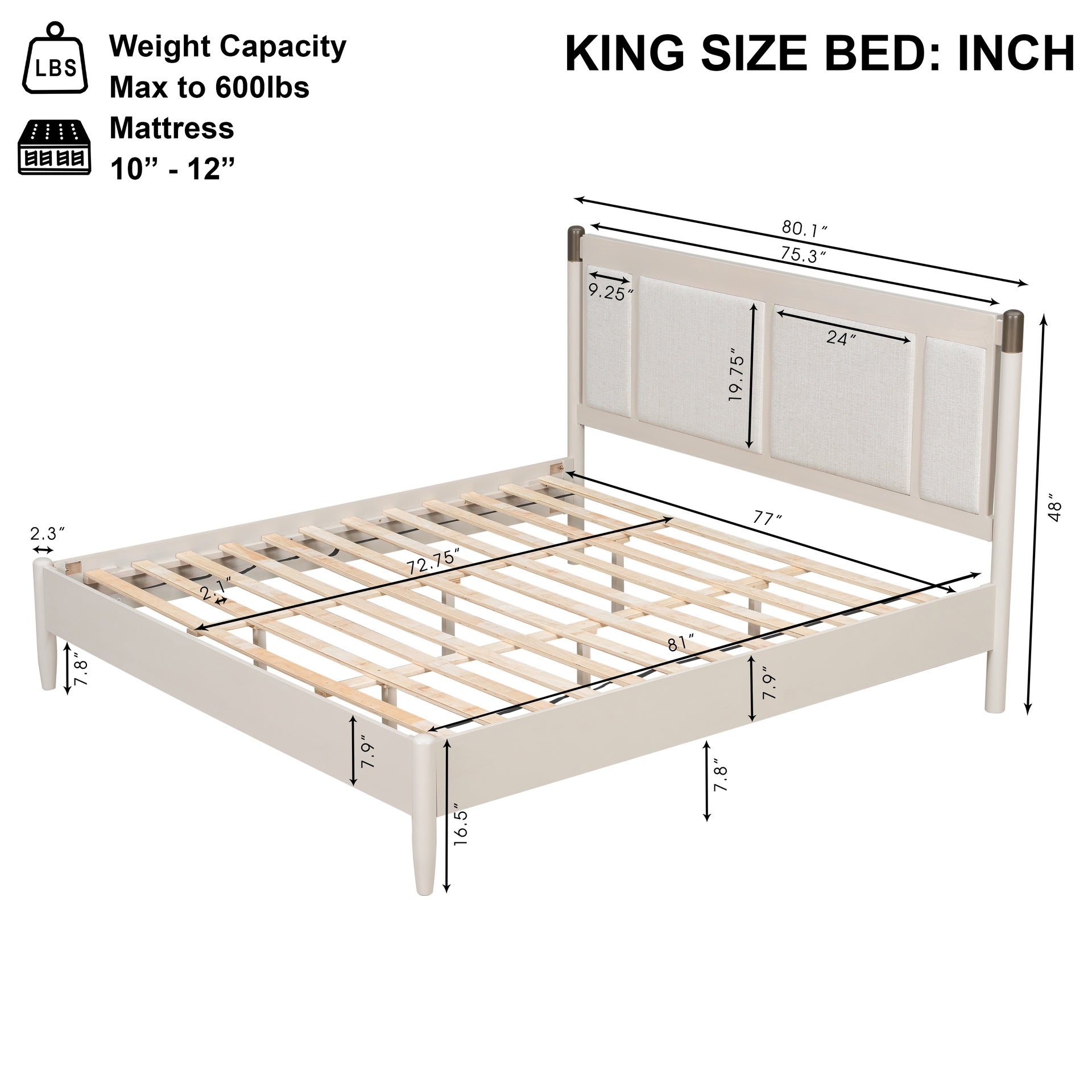 Solid Wood King Bed, Heavy Duty 600 lbs Support, No Box Spring Needed, Grey Upholstered Headboard with Metal Handles