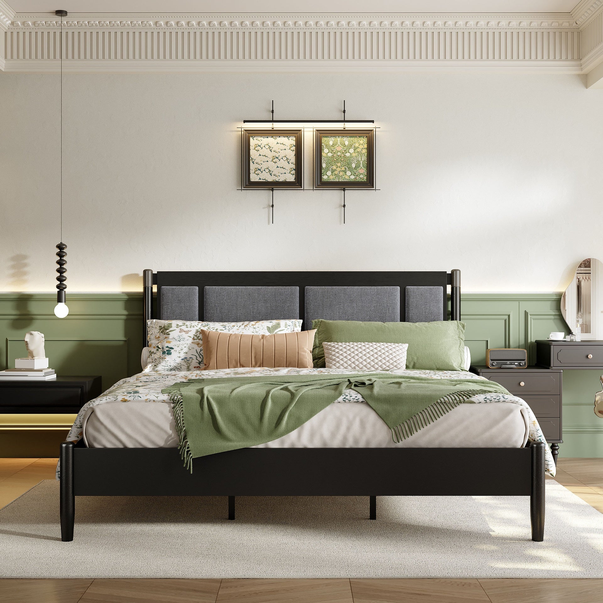 Solid Wood King Bed, Heavy Duty 600 lbs Support, No Box Spring Needed, Black Upholstered Headboard with Metal Handles