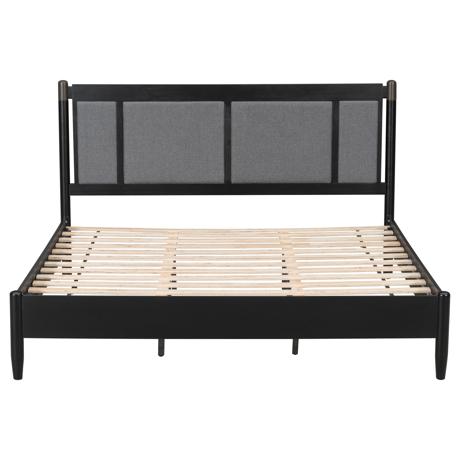 Solid Wood King Bed, Heavy Duty 600 lbs Support, No Box Spring Needed, Black Upholstered Headboard with Metal Handles