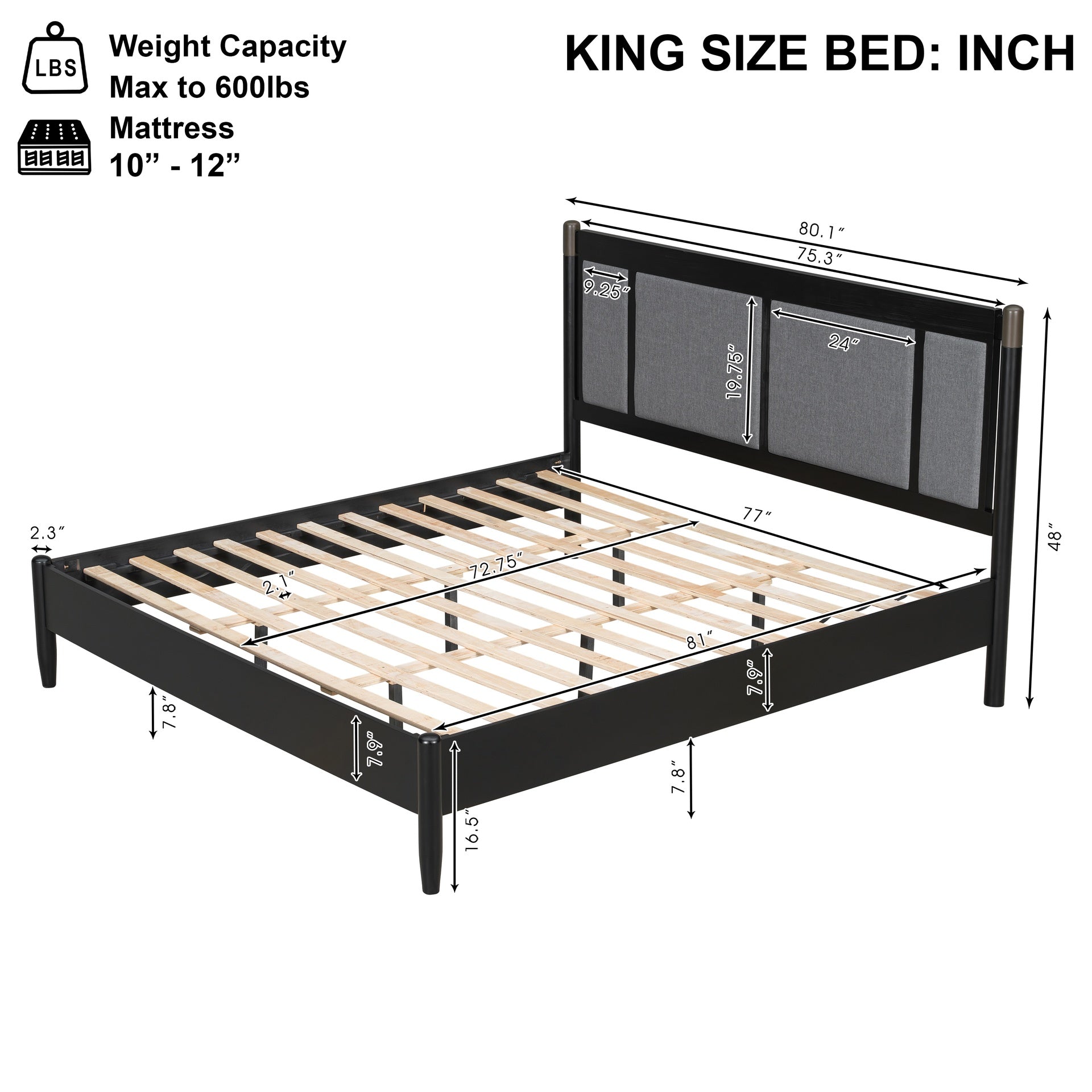 Solid Wood King Bed, Heavy Duty 600 lbs Support, No Box Spring Needed, Black Upholstered Headboard with Metal Handles