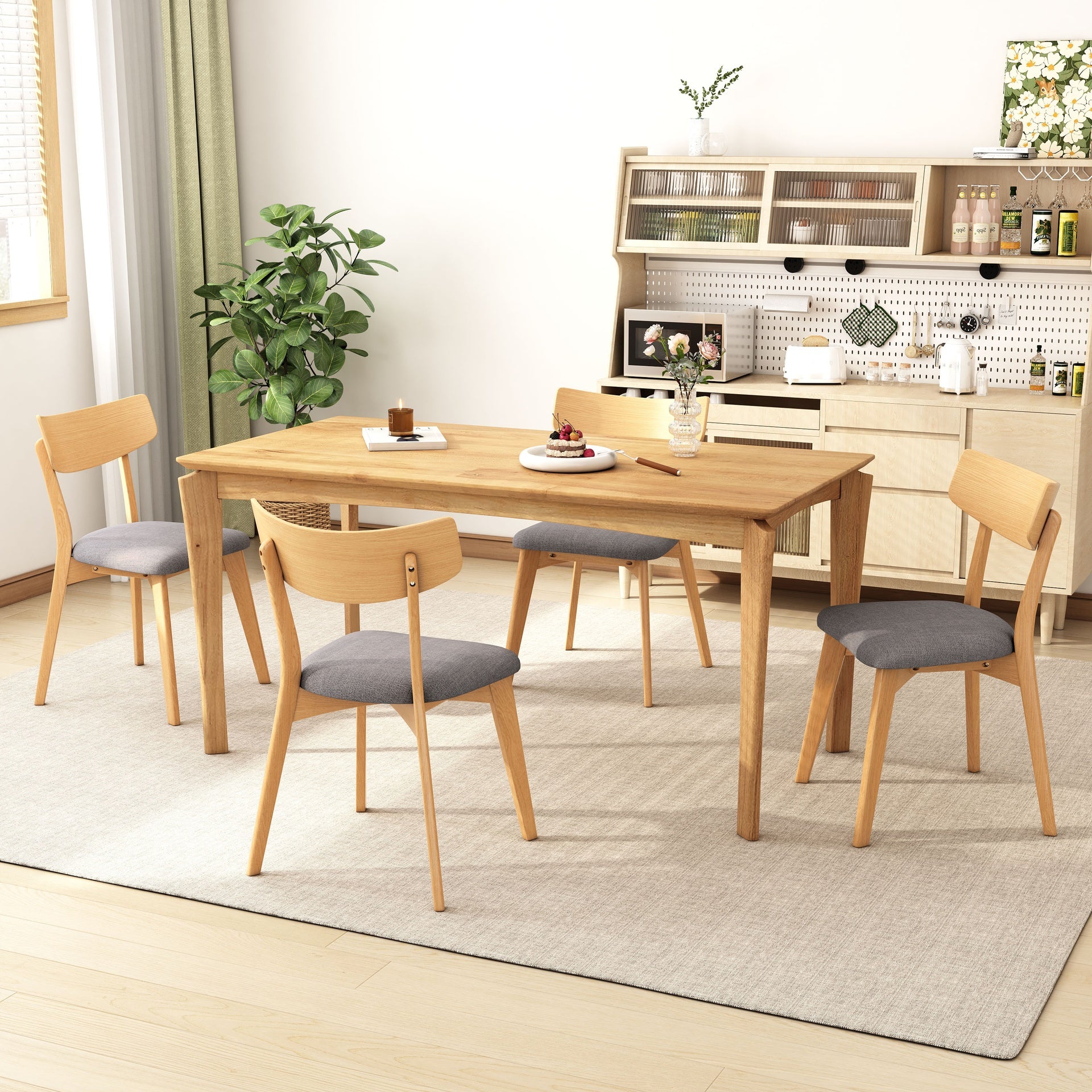 Mid-Century Walnut Finished Frame Upholstered Dining Chairs ,Set of 4, Dark Grey+Natural