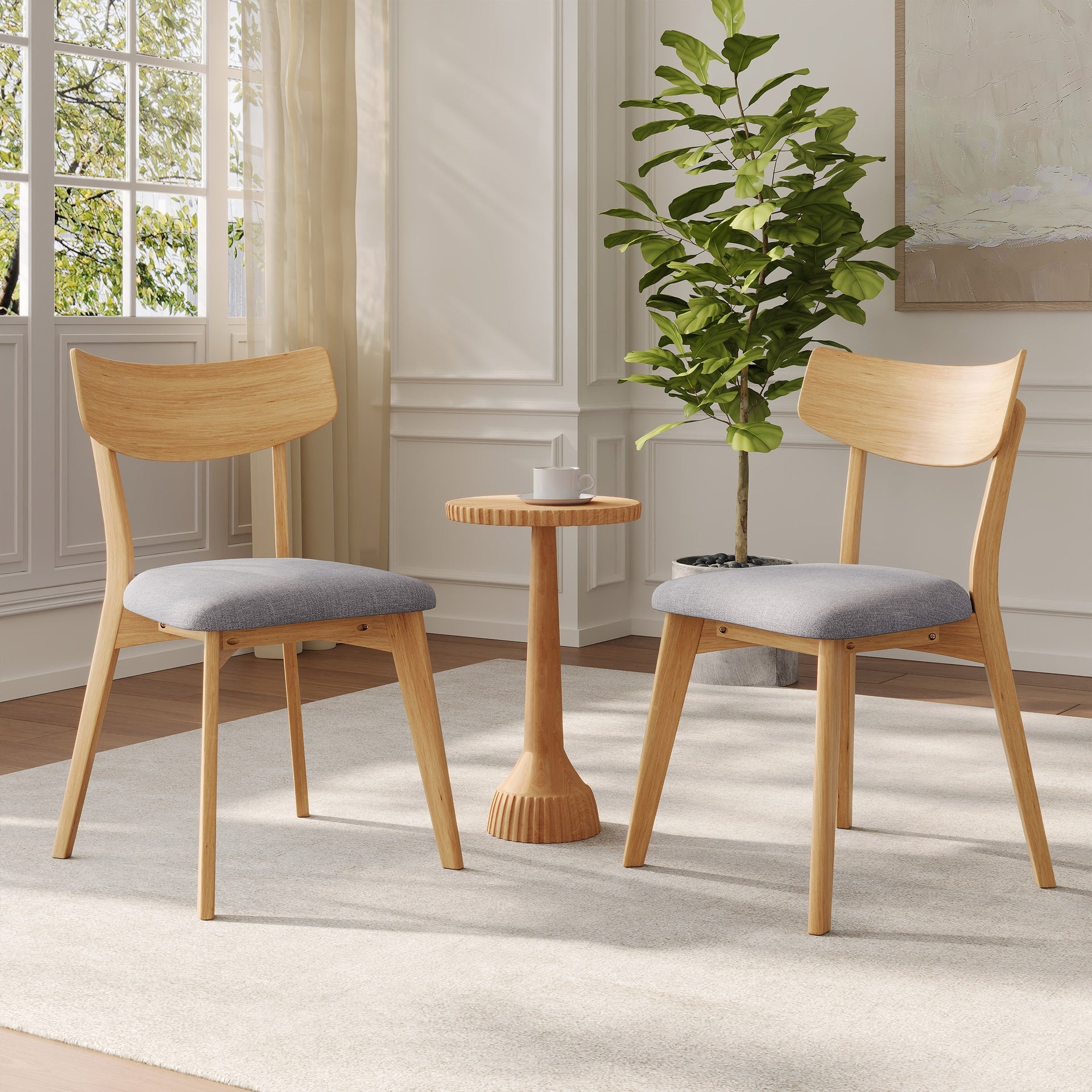 Mid-Century Walnut Finished Frame Upholstered Dining Chairs ,Set of 4, Dark Grey+Natural