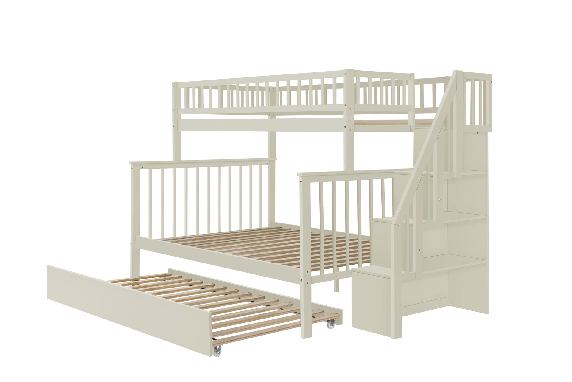 Twin over Full Stairway Bunk Bed with Trundle,Cream