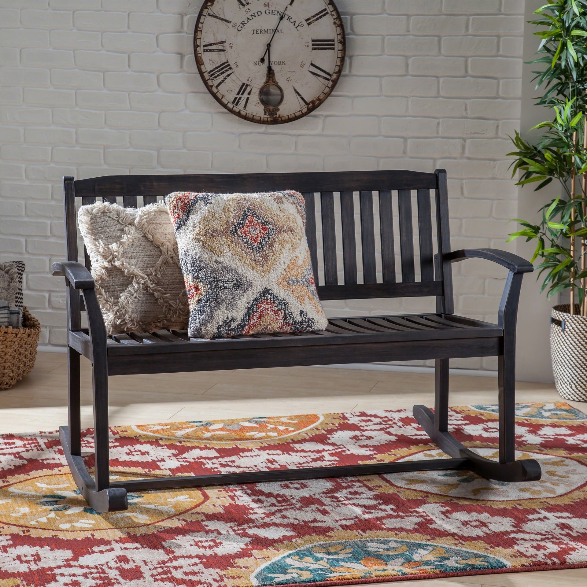 Patio Rocking Loveseat, 2 Person Outdoor rocker Bench, Acacia Wood Patio rocking Loveseat with Armrests, Slatted Seat & Backrest, Porch Rocking Bench for Backyard, Garden