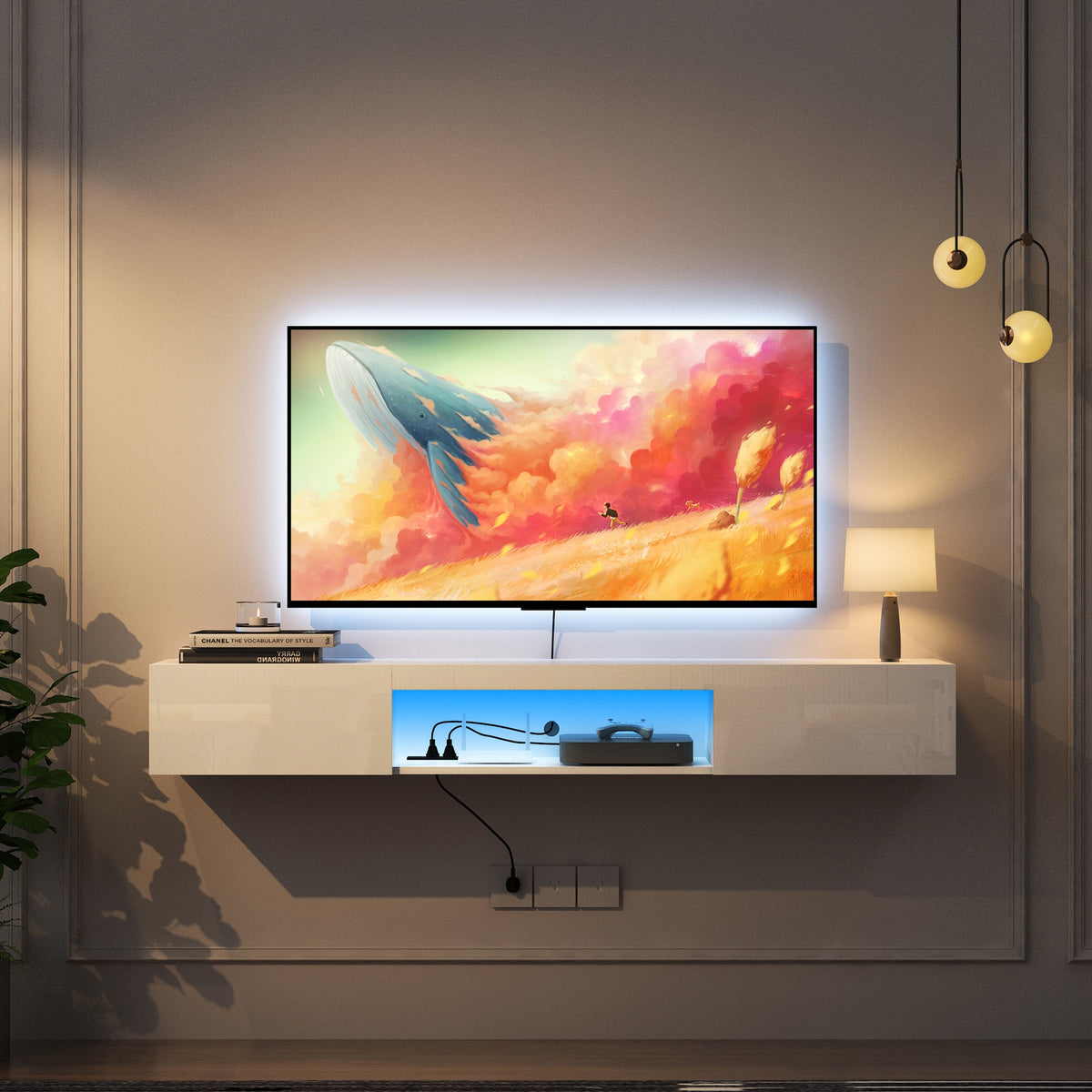 Floating TV Stand Wall Mounted with 16 Color LEDs,63" Modern TV Stand,Floating TV Cabinet Entertainment Center for 55 60 65 Inch TV,White