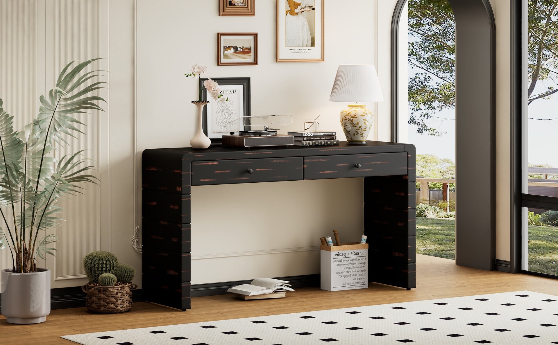 TREXM Curved Console Table with Storage, Wooden Entryway Table with 2 Drawers, Farmhouse Rustic Console Tables for Entryway, Hallway, Living Room, Distressed Black