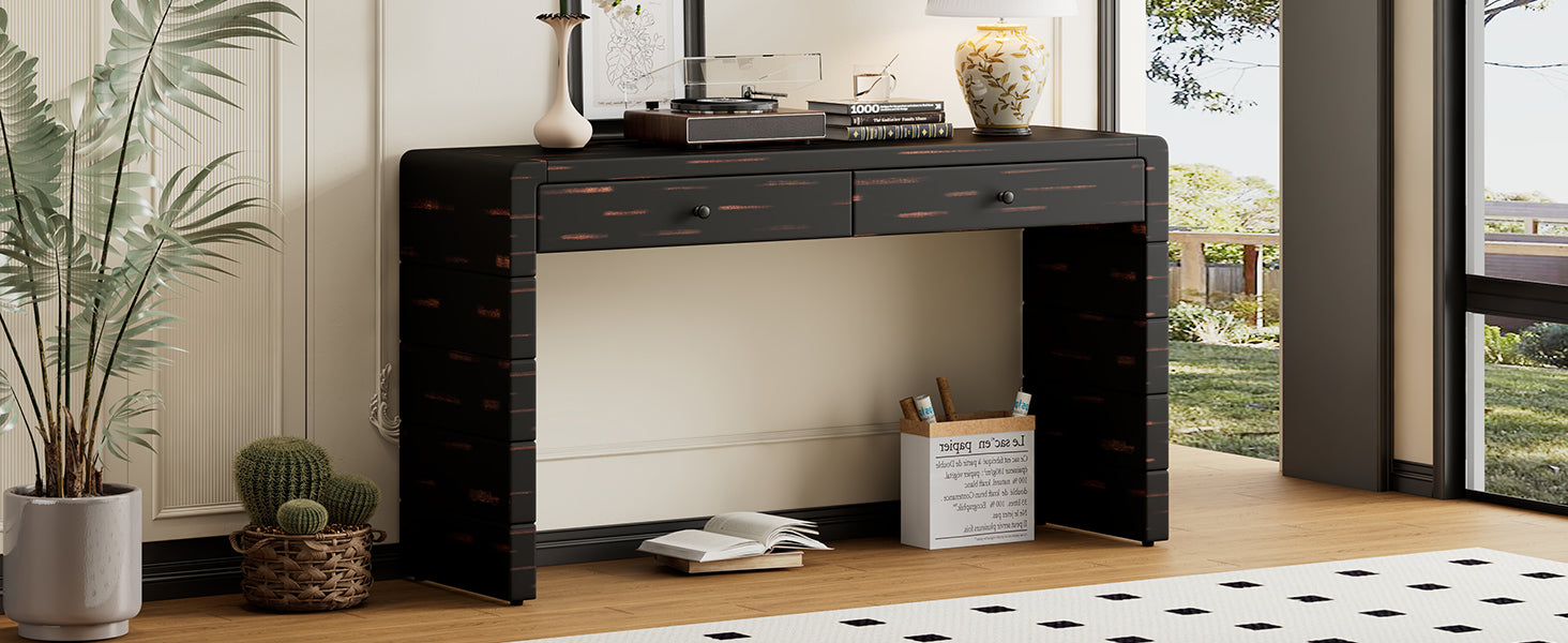TREXM Curved Console Table with Storage, Wooden Entryway Table with 2 Drawers, Farmhouse Rustic Console Tables for Entryway, Hallway, Living Room, Distressed Black
