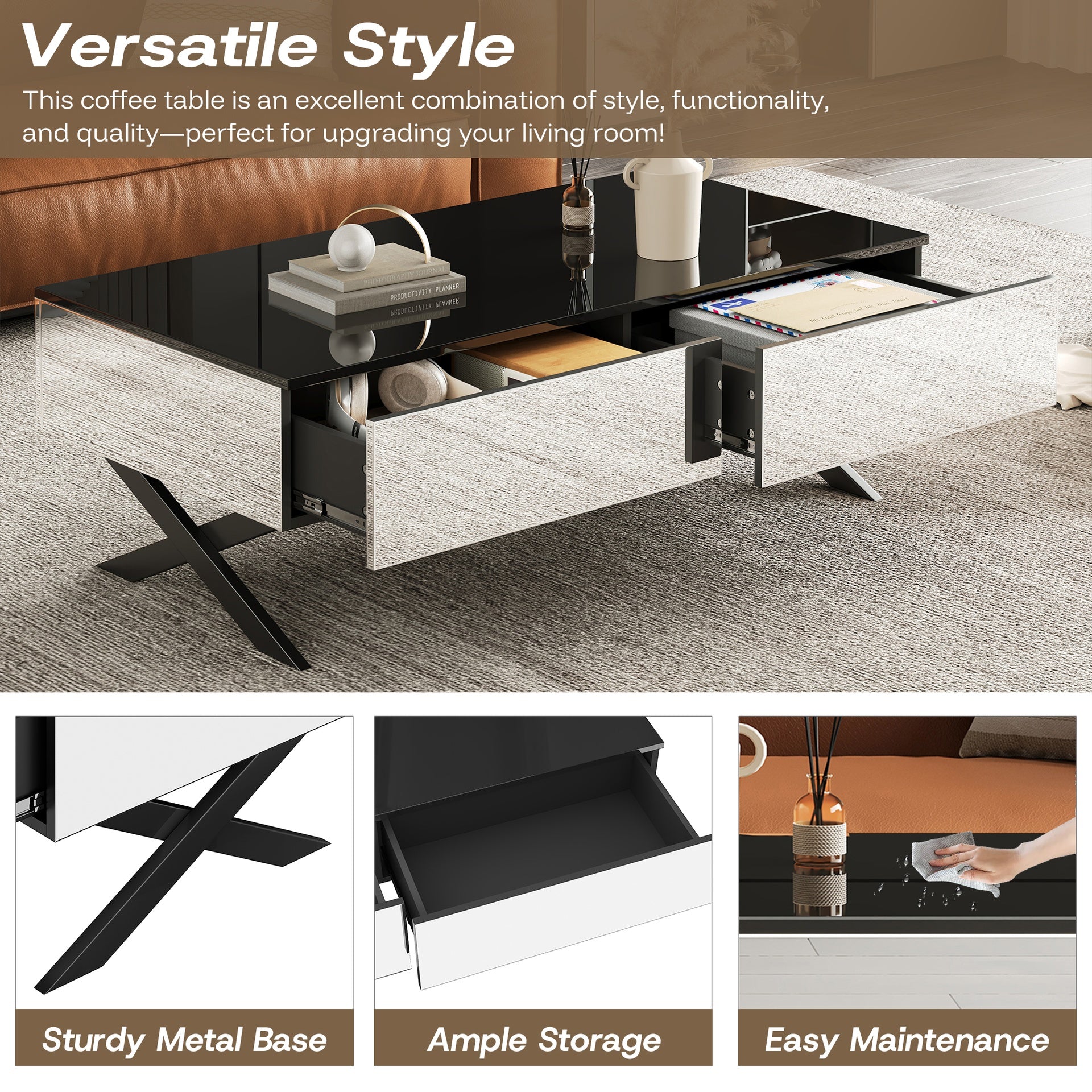 Rectangular Mirror Coffee Table for Living Room with Storage and Metal Base, 2 drawers, Black High Gloss Top, 47.3"