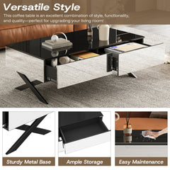Rectangular Mirror Coffee Table for Living Room with Storage and Metal Base, 2 drawers, Black High Gloss Top, 47.3"