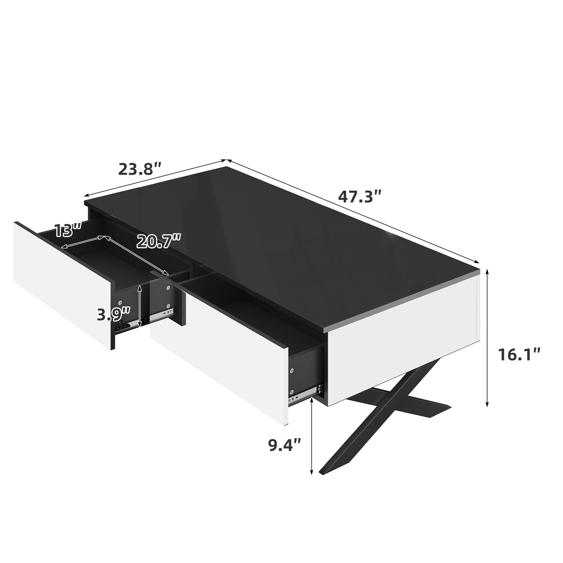 Rectangular Mirror Coffee Table for Living Room with Storage and Metal Base, 2 drawers, Black High Gloss Top, 47.3"