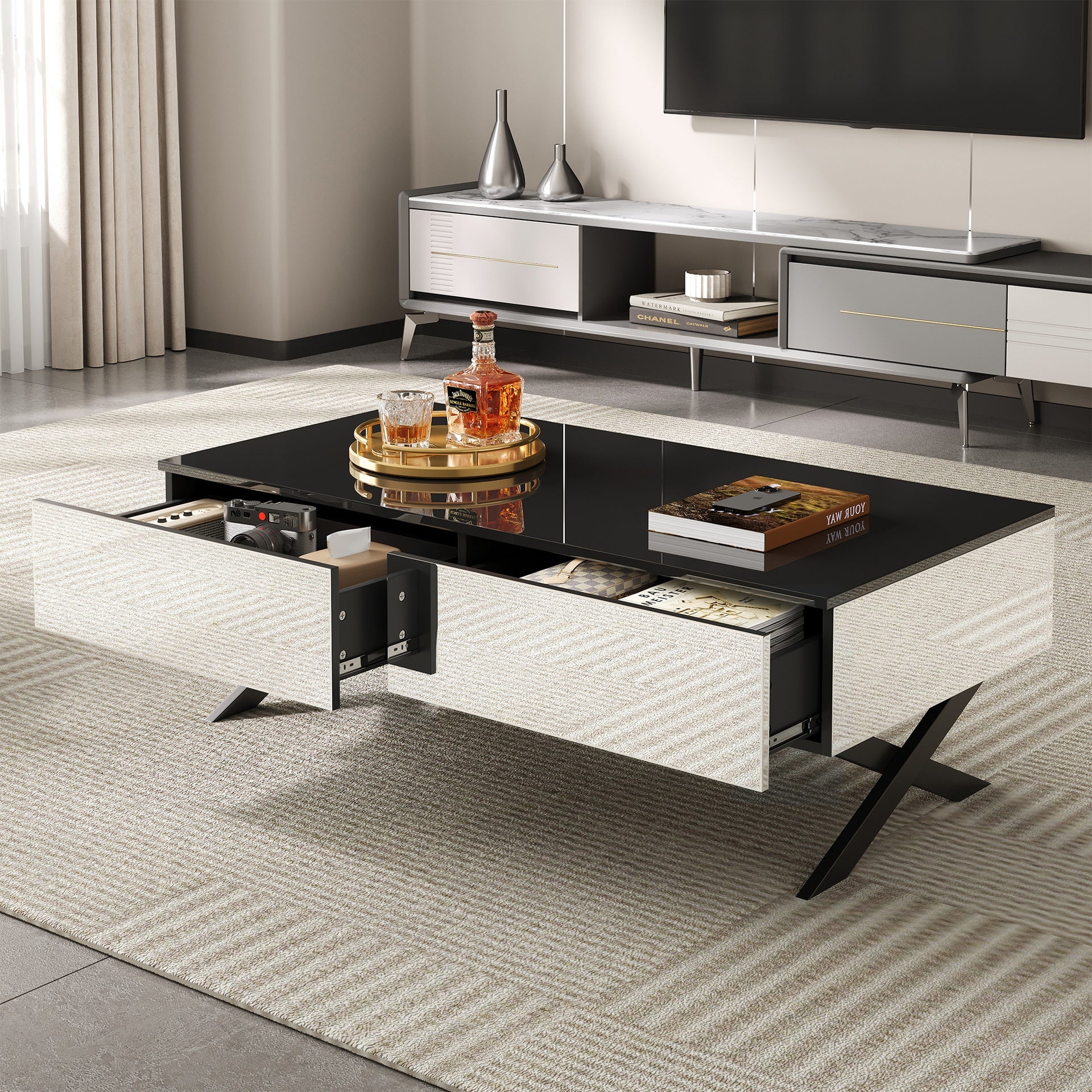 Rectangular Mirror Coffee Table for Living Room with Storage and Metal Base, 2 drawers, Black High Gloss Top, 47.3"