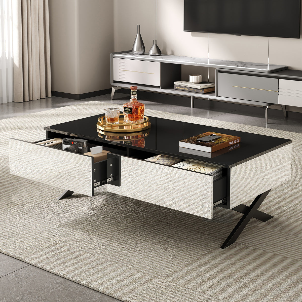 Rectangular Mirror Coffee Table for Living Room with Storage and Metal Base, 2 drawers, Black High Gloss Top, 47.3"
