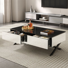 Rectangular Mirror Coffee Table for Living Room with Storage and Metal Base, 2 drawers, Black High Gloss Top, 47.3"