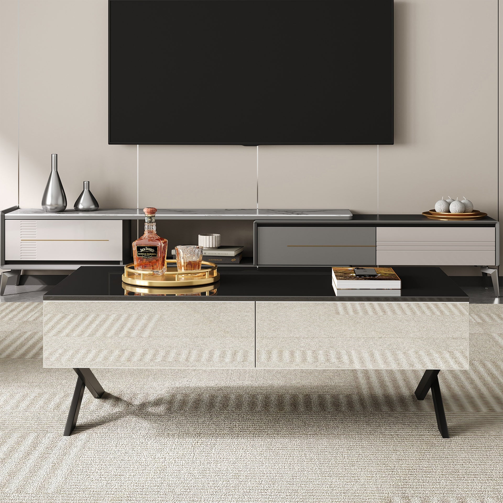 Rectangular Mirror Coffee Table for Living Room with Storage and Metal Base, 2 drawers, Black High Gloss Top, 47.3"