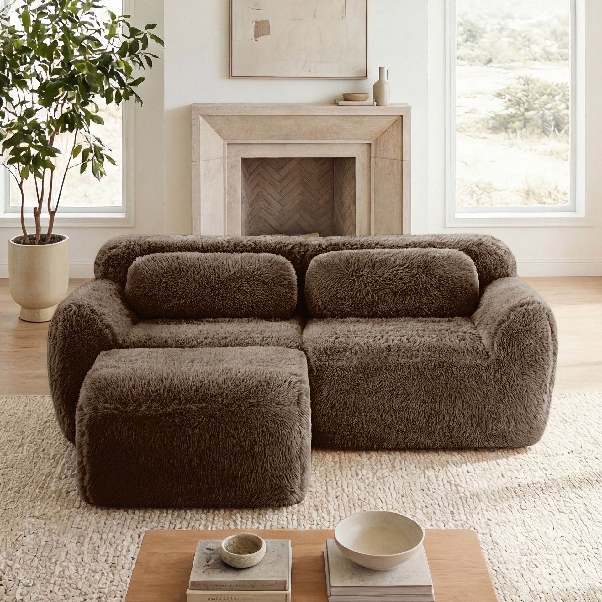 L-shaped Boneless Sofa,Soft Fluffy Plush Fabric,With Chaise 32D High Density Sponge,No Assembly Required,Ergonomic Design Bottom Anti-Slip Design,With Throw Pillows,Fits Bedrooms,Chocolate