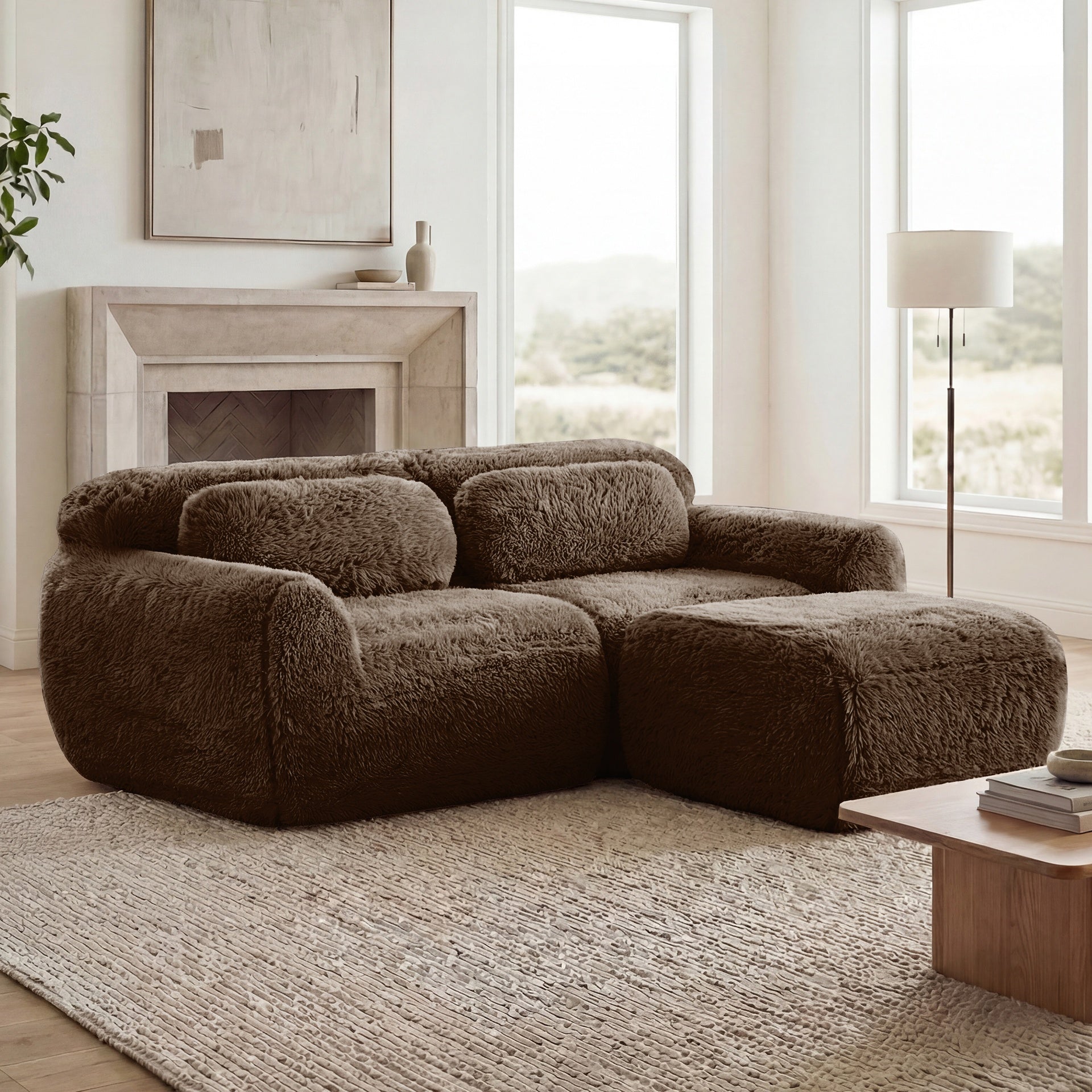 L-shaped Boneless Sofa,Soft Fluffy Plush Fabric,With Chaise 32D High Density Sponge,No Assembly Required,Ergonomic Design Bottom Anti-Slip Design,With Throw Pillows,Fits Bedrooms,Chocolate